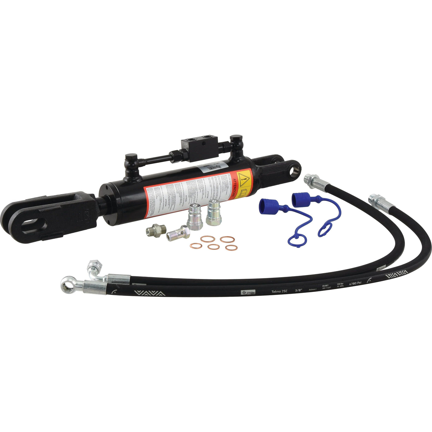 A Sparex Hydraulic Levelling Box kit, featuring hoses and connectors with fork hole diameters of 22mm and 22x48mm, a minimum length of 570mm, and a cylinder bore of 70mm (Sparex Part No. S.113920), is placed on a white background.