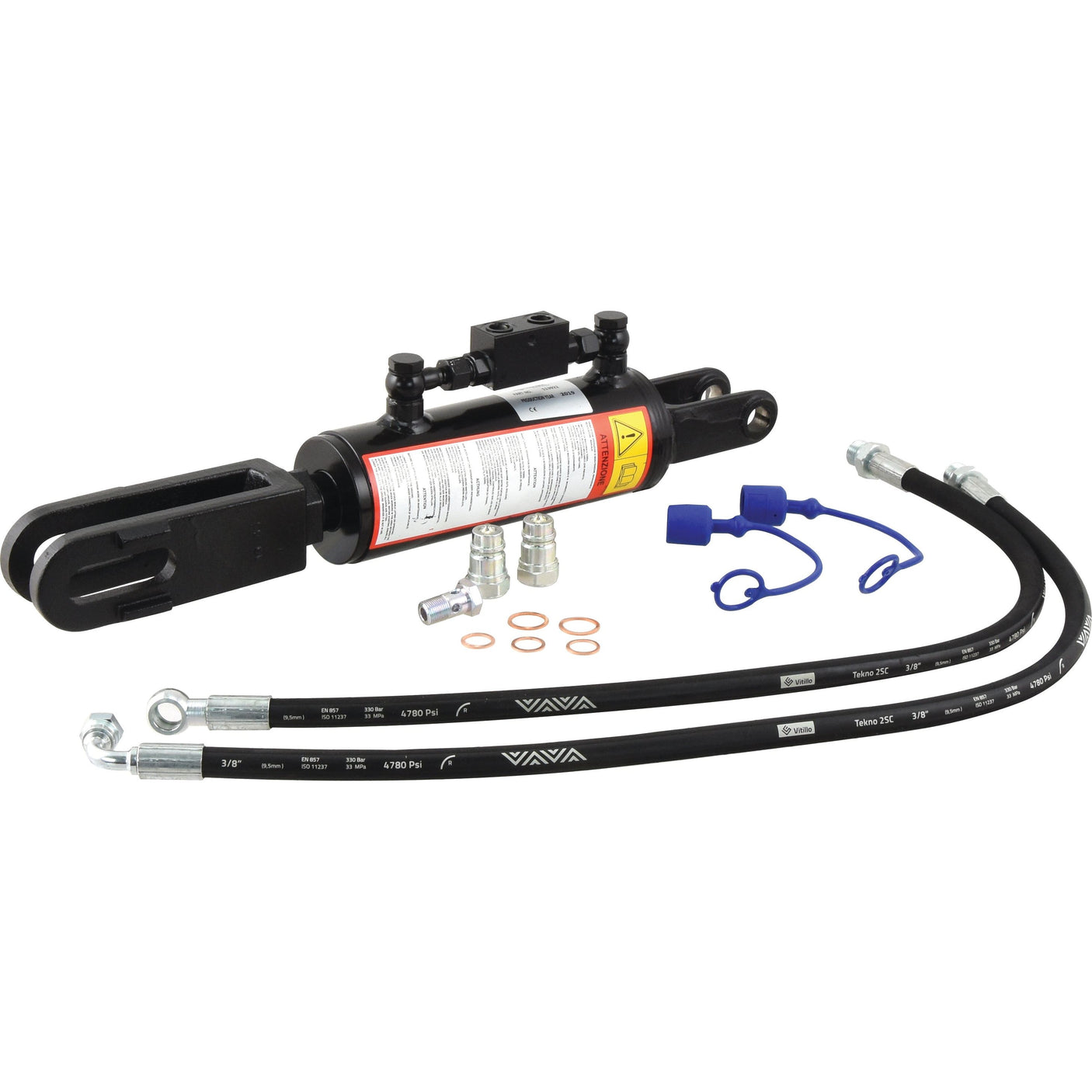 The Sparex Hydraulic Levelling Box (Sparex Part No. S.113922) features a Cylinder Bore of 80mm, and includes attached hoses. It also comes with necessary fittings, washers, and blue protective caps for added safety and convenience. The fork hole dimensions are Ø 22mm and Ø 26x70mm, with a minimum length of 540mm.