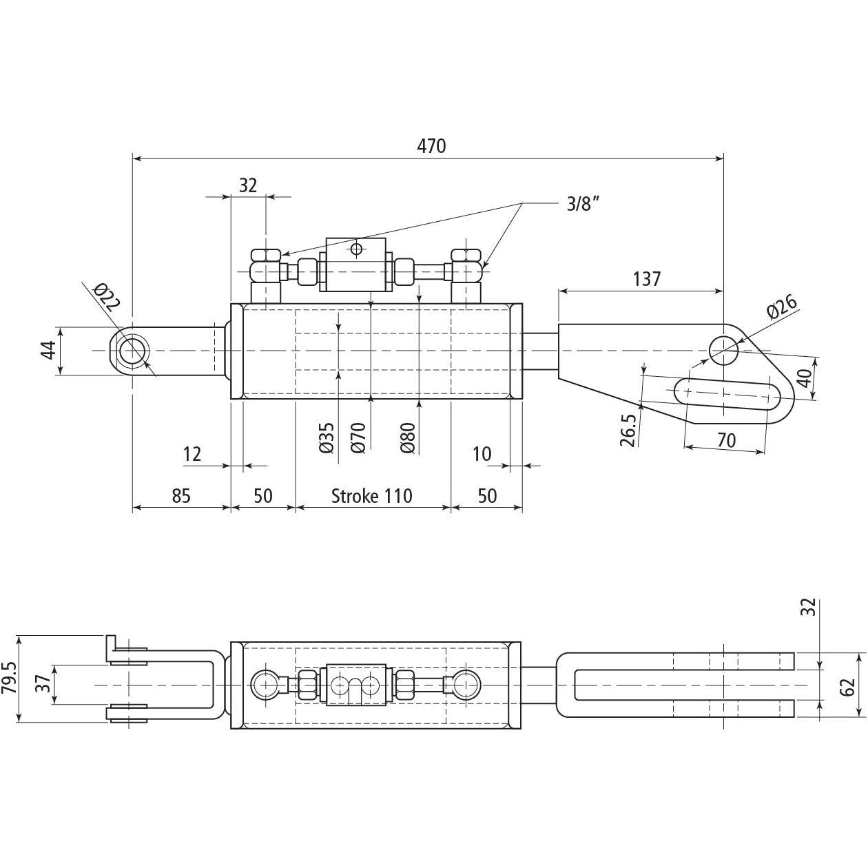 Technical drawing of a Sparex Hydraulic Levelling Box (Part No. S.113923) with detailed dimensions and measurements annotated, including a stroke length of 110mm, total length of 470mm, cylinder bore size of 70mm, fork hole diameters Ø22mm and Ø26/27x97mm, as well as various other component dimensions in millimeters.