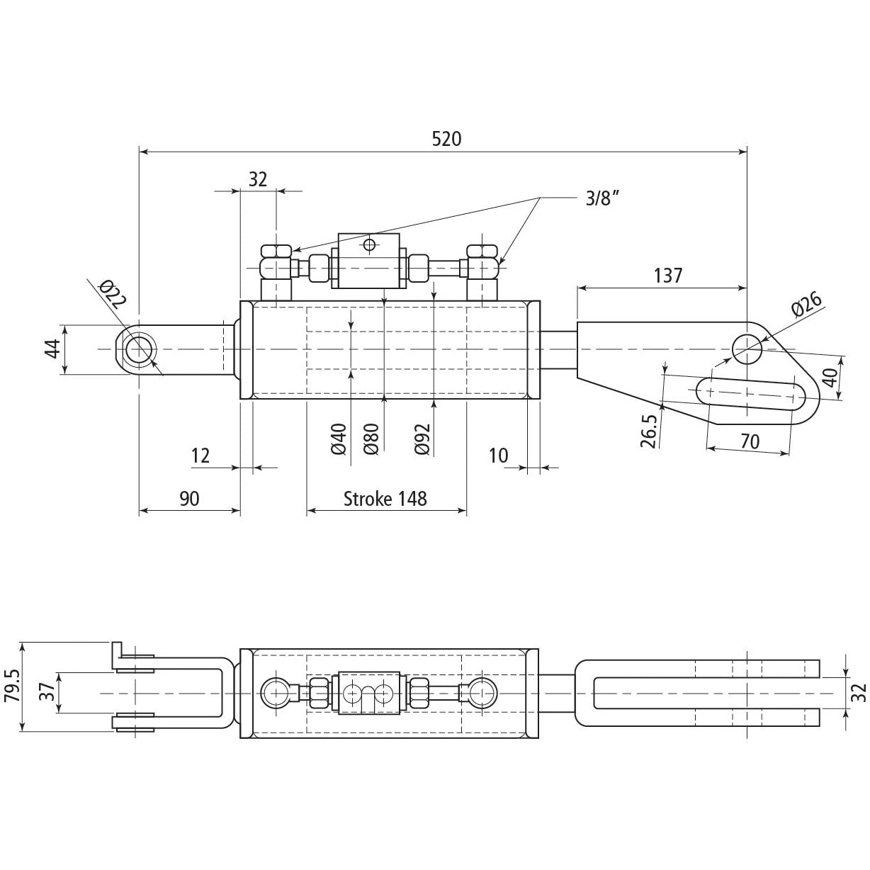 Hydraulic Levelling Box (Supplied with: Hoses), Min. Length: 520mm, Cylinder Bore: 80mm.
 - S.113924 - Farming Parts