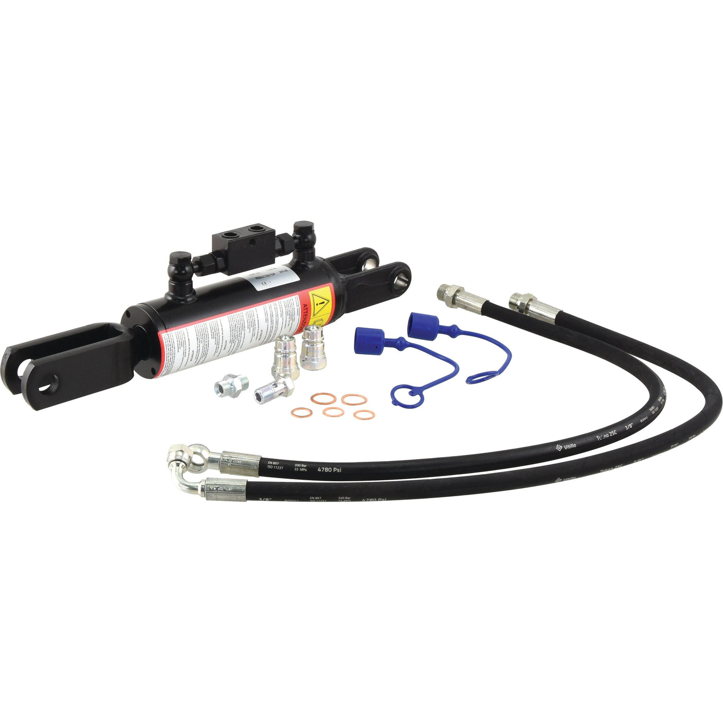 Hydraulic Levelling Box, supplied with hoses and featuring a Sparex check valve and a 70mm cylinder bore, displayed on a white background. Ideal for Ford New Holland machinery.