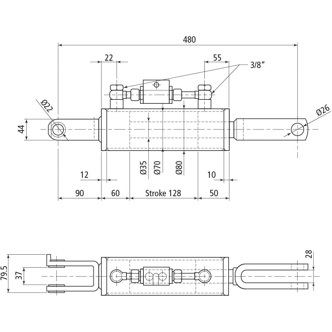 A technical drawing of the Hydraulic Levelling Box (Sparex Part No. S.113926) includes labeled dimensions such as a minimum length of 480 mm and a cylinder bore diameter of 70 mm. The drawing details various diameter and placement measurements for components and fittings, including fork holes with an Ø 22mm. This hydraulic levelling box is suitable for integration with Sparex check valve systems on Ford New Holland equipment.