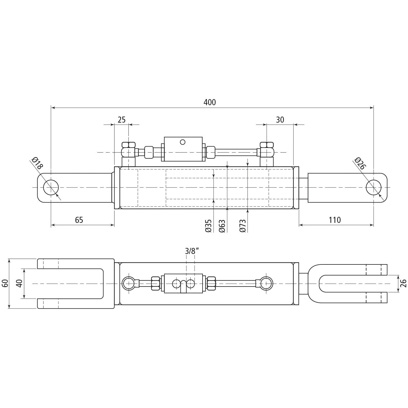 Technical drawing of a Sparex Hydraulic Levelling Box (Part No. S.113927) with dimensions labeled, featuring side and top views. The minimum length is 400 mm and includes a Cylinder Bore of 63 mm, with various component lengths and diameters noted, including Fork Hole Ø 18mm and Fork Hole Ø 26mm.