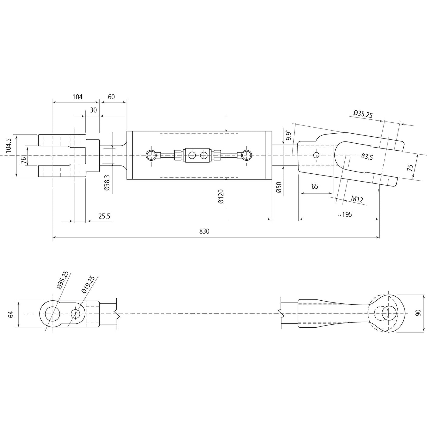 Technical drawing of a mechanical component with precise measurements in millimeters. The drawing features front and side views, including dimensions for length, width, and hole placement. This specific design is compatible with Case IH MAGNUM machinery, ensuring seamless integration. For instance, the Sparex Hydraulic Levelling Box (Supplied with: Hoses) - Fork Hole Ø36mm - Min. Length: 830mm, Cylinder Bore: 120mm (Sparex Part No.S.113931) aligns perfectly for optimal performance in these machines.

