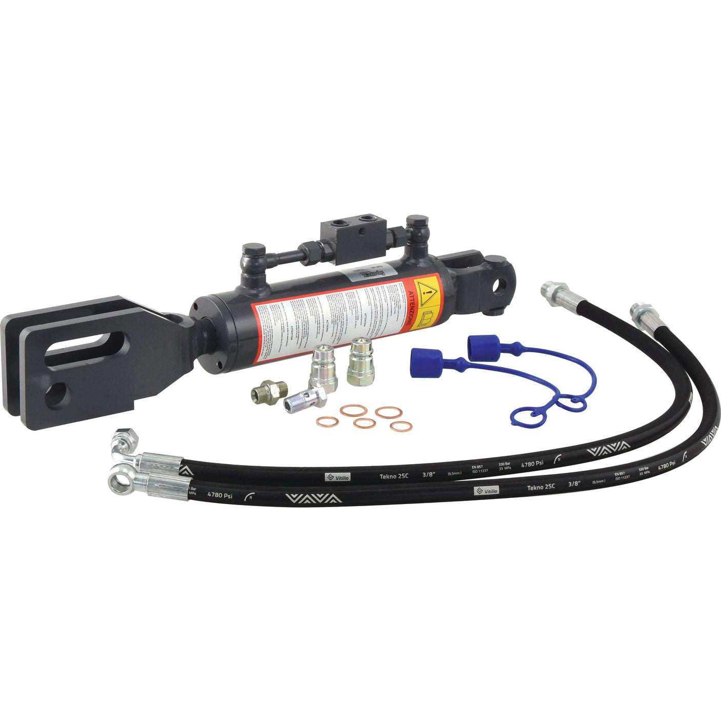 Introducing the Hydraulic Levelling Box by Sparex, supplied with hoses. This versatile kit features a Fork Hole Ø 19mm, Fork Hole Ø 28 & 29x90mm, and a minimum length of 545mm with a cylinder bore of 70mm. It is designed for agricultural and industrial machinery and includes essential fittings such as the Sparex Check Valve. (Part No. S.113936)