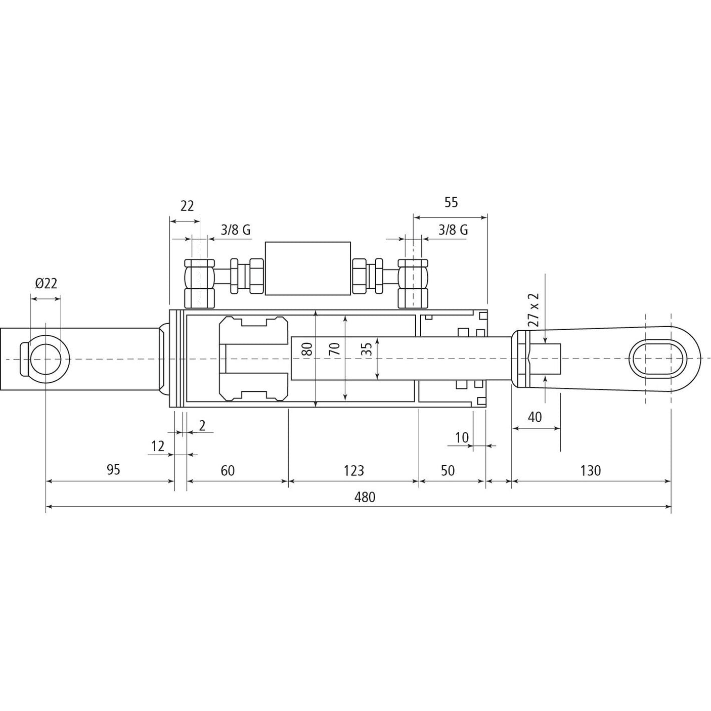 Technical drawing of a mechanical component, including detailed measurements for various lengths, widths, and diameters in millimeters. Features specific to the Hydraulic Levelling Box (Sparex Part No.S.113944), with fork hole diameters of 22mm and 23x50mm, a minimum length of 480mm, and a cylinder bore diameter of 70mm.