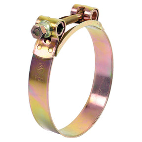 The Sparex Heavy Duty Hose Clip (Part No. S.11398), designed for hoses with diameters ranging from 113-121mm, is made of galvanised steel and features a metallic T-bolt with a screw mechanism for secure tightening, making it ideal for securing hoses onto fittings.