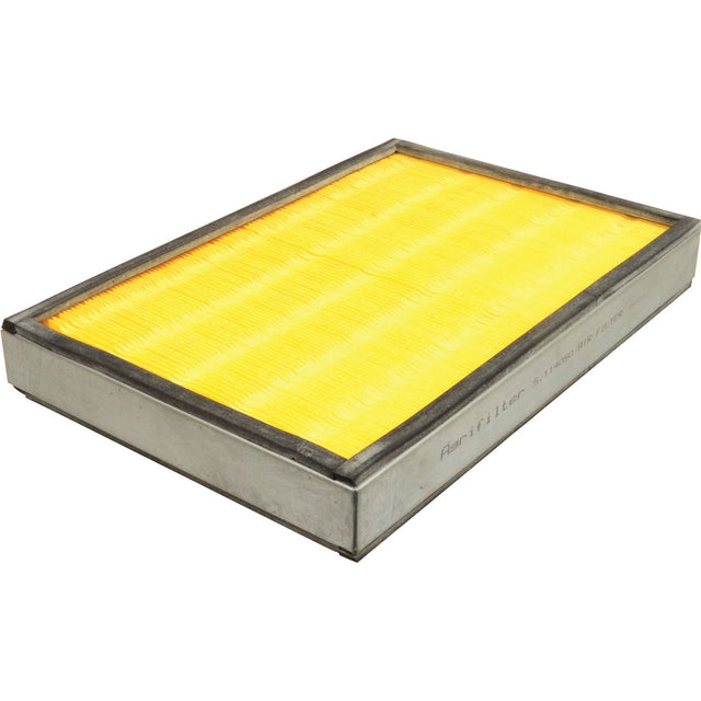 A rectangular cab filter, the Sparex Cab Filter (Part No. S.114050), with a yellow pleated element and a metallic frame, featuring advanced carbon media for optimal filtration.