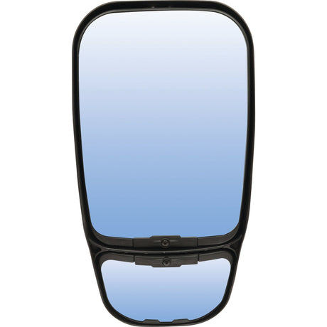 The Sparex Mirror Head - Rectangular, Heated (475 x 235mm), Universal Fitting (S.114117) features a large primary mirror and an adjustable secondary mirror attached at the bottom. It includes a Centre Clamp for secure installation.