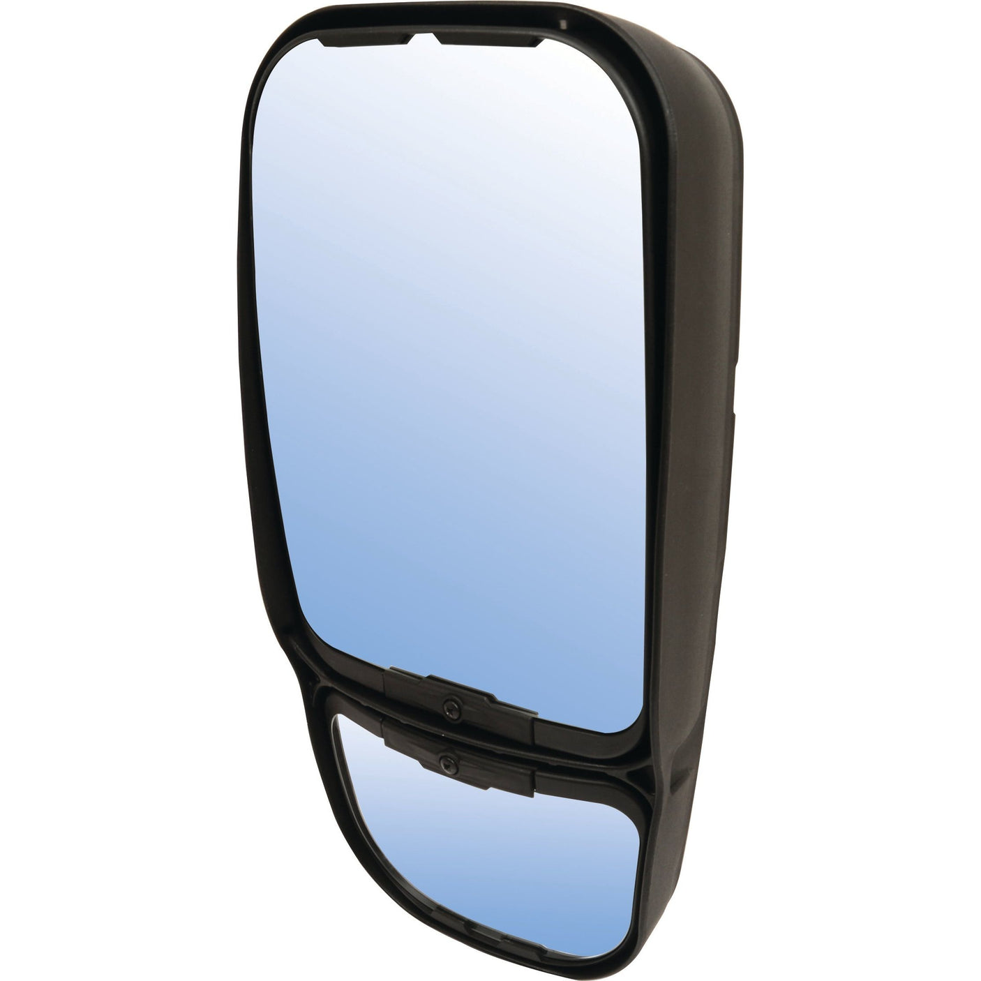 A vertical double-mirrored rearview mirror with a black frame against a white background. The top mirror is larger, and the bottom mirror is smaller. This Sparex Mirror Head - Rectangular, Heated, 475 x 235mm, LH (S.114118) offers both utility and style for your vehicle.