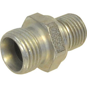 Close-up of the Sparex M16 (10L) Male X 1/4'' BSP Male 60* Cone, featuring male threads on both sides, a hexagonal center section, and marked as part no. S.114139.