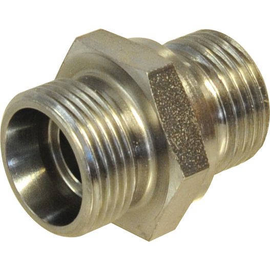 A metal pipe fitting named M22 (15L) Male X 1/2'' BSP Male 60* Cone from the brand Sparex, known by its part number S.114147, features a hexagonal shape in the middle and threaded BSP Male ends on both sides.