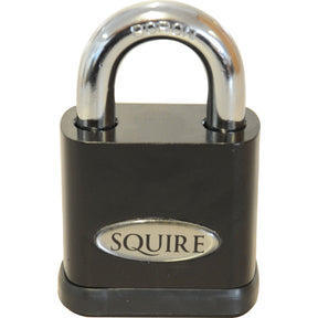 The Squire Stronghold Padlock, model S.114324, features a black body made from hardened steel and a 65mm width for maximum security. The padlock includes a chrome shackle and has the Sparex brand name engraved on a shiny metal plate on the front. It boasts a high security rating of 10 and is weather resistant, ensuring durability even under tough conditions.