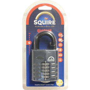 A Squire Recodable CP Combination Padlock by Sparex in its packaging. The heavy-duty security lock, with a 60mm die-cast body and a security rating of 6, is black and features a numbered dial system. The blue and white packaging highlights its corrosion resistance, with branding and product details clearly visible.