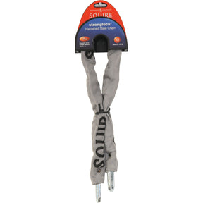 A Sparex Squire Security Chain - X3 with a hardened 8mm steel chain, gray fabric cover, two wrapped metal ends, and a solid steel padlock, security rated at 6 and security reference S.114336.