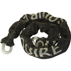 The Squire Security Chain - J3 from Sparex, featuring an 8mm diameter chain reinforced with hardened steel for maximum security, comes with a black cloth cover printed with white text. (Security rating: 8) - S.114340