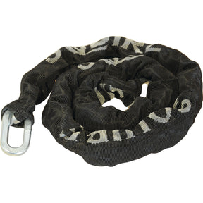 Sparex's Squire Security Chain - J4 (S.114341) is an 8mm coiled black security chain with white text on the fabric covering, featuring a metal U-shaped link at one end and paired with solid steel padlocks equipped with a security rating of 8.