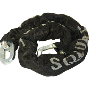 The Squire Security Chain - G3 from Sparex, featuring a 10mm diameter and a security rating of 9, is wrapped in a black protective cover and coiled with metal clasp ends visible. Crafted from hardened steel, this chain ensures maximum durability and protection.