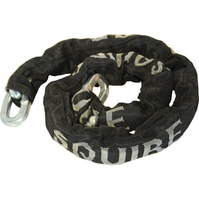 A Squire Security Chain - G4 coiled security chain with a 10mm diameter, covered in a black fabric sleeve featuring the brand name “SQUIRE” in white letters, paired with solid steel padlocks for an enhanced security rating of 9.