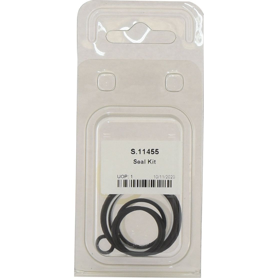 A sealed Sparex package labeled "Seal Kit (Breakaway Female Quick Release Coupler), Part No. S.11455" with barcode and date "10/11/2020." The kit, ideal for Ford / New Holland machinery, includes several black rubber rings.