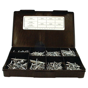 A black plastic organizer box designed by Sparex, featuring multiple compartments filled with various sizes and types of 295 Pop Rivets ranging from 3.2mm to 4.8mm in diameter and 8mm to 24mm in length. The lid includes a detailed label listing the rivet specifications. The product is identified as S.11465 Handipak by Sparex.