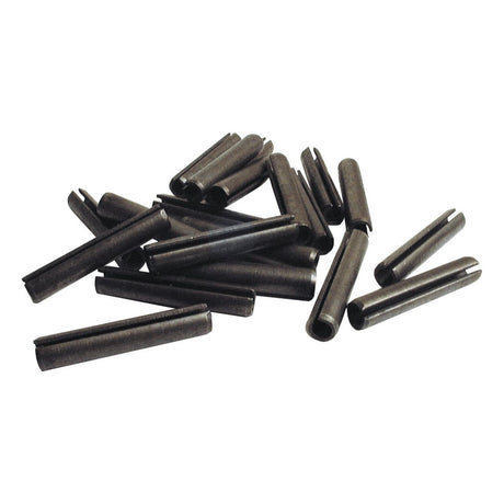 A pile of Sparex Metric Roll Pins (Pin Ø11mm x 60mm, Part No.S.11476), each cylindrical metal piece scattered on a white surface, showcasing their total shear strength.