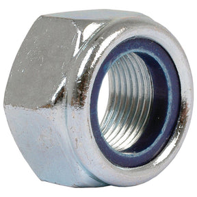 A close-up view of the Sparex Metric Self Locking Nut (Sparex Part No.S.11497), featuring a blue nylon insert and zinc-plated finish, highlighting the precise M20x1.50mm threading as per DIN 985 standards.