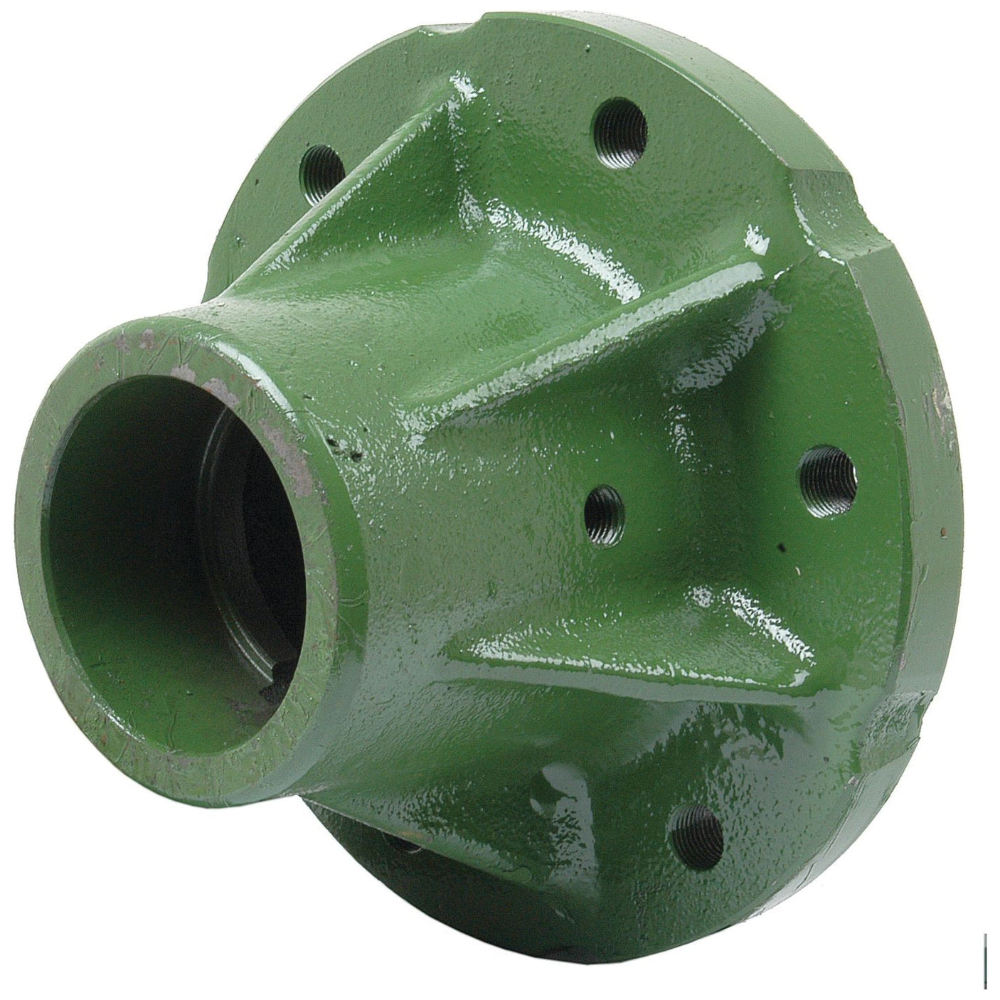 A Sparex Wheel Hub, part number S.11500, is a green, cylindrical metal component with a hollow center and multiple bolt holes on the flange, designed for John Deere machinery.