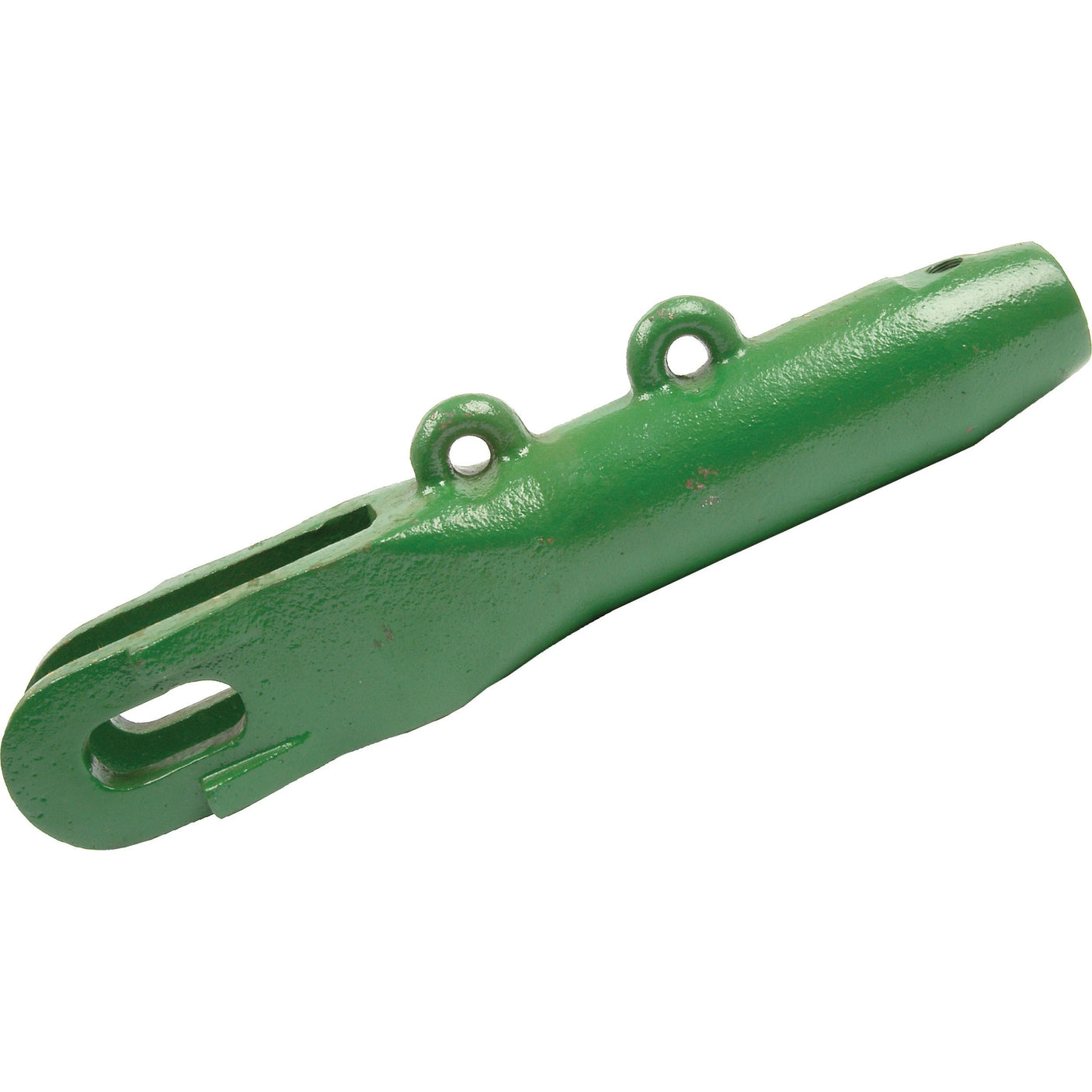 A green metal component, specifically the Levelling Box Fork - 7/8 UNC (Sparex Part No. S.11504) from the brand Sparex, with three holes and a slot, potentially part of larger machinery such as John Deere tractors, measures 300mm in length.