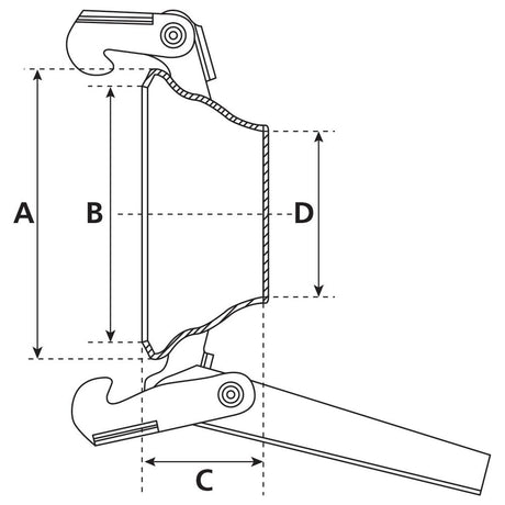 Technical diagram depicting the cross-section of a Blanking Plug - Female - 6'' (150mm) (Galvanised) - S.115053 by Sparex with four dimensions labeled: A, B, C, and D. The Italian Fitting component includes a lever arm, pivots, and hooks.