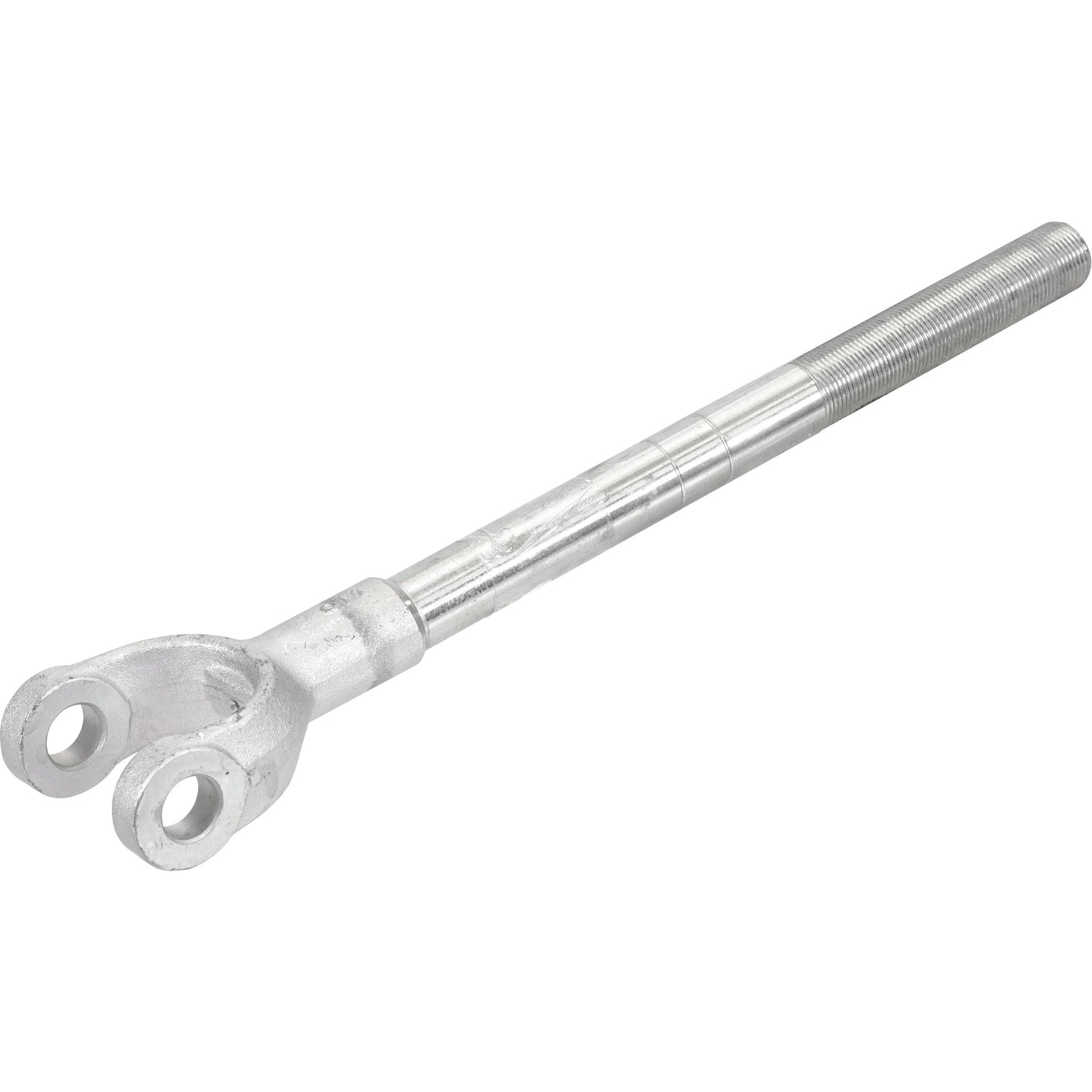 Levelling Box Yoke - 1 UNF, Sparex Part No. S.11506 by Sparex, is a metal threaded rod with a forked end featuring two holes and is suitable for Ford / New Holland.
