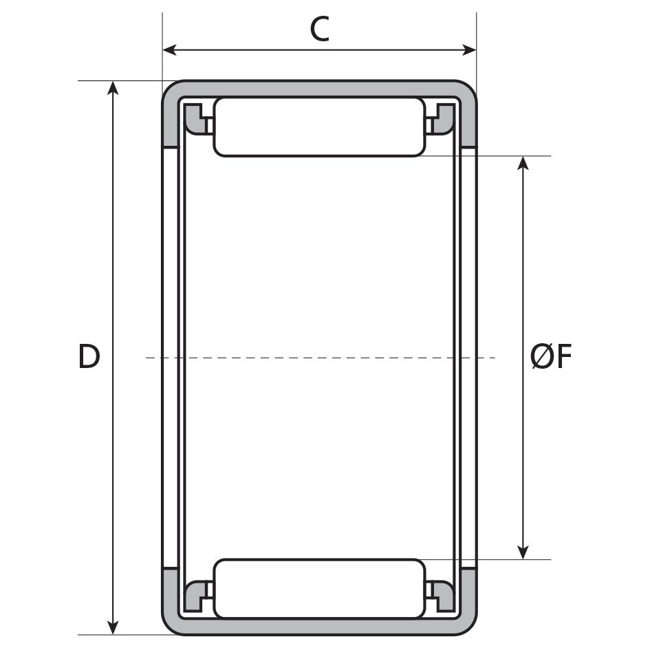 Technical diagram of a rectangular object with labeled dimensions C, D, and ØF, containing two cylindrical elements horizontally oriented at both ends. This design is compatible with the Sparex Needle Bearing (BH1620) - Sparex Part No. S.11516 from the brand Sparex, ensuring optimal performance and durability.