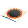 The Sparex Round Repair Patch (No.0) Ø30mm | Sparex Part No.S.115202 is depicted against a white background, featuring a round black center encircled by an orange border and finished with a double scalloped edge.