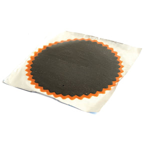 A Round Repair Patch (No.6) with a 116mm diameter, featuring a black center and orange scalloped edges on a white backing, from the Sparex brand (Part No. S.115208).
