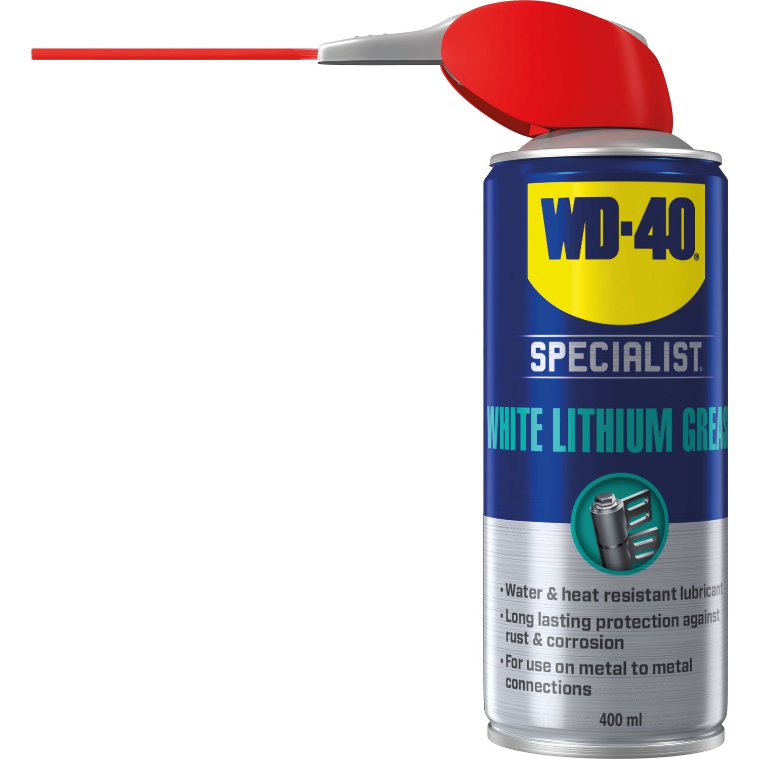 A can of Sparex WD-40 White Lithium Grease 400ml - S.115221, featuring a red straw attached to the nozzle for precise application. Ideal for protecting metal-to-metal applications.