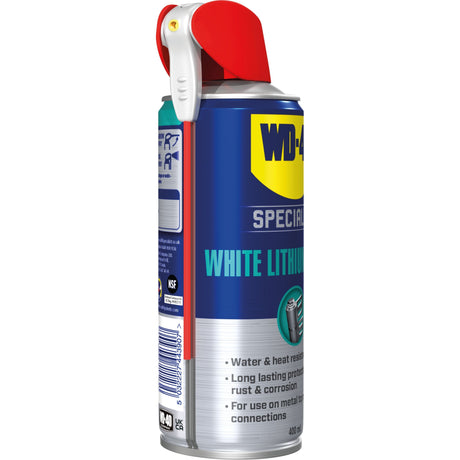 A 400ml can of Sparex WD-40 White Lithium Grease (S.115221) with a red and white spray nozzle. The can lists features such as water and heat resistance, long-lasting protection, and suitability for metal-to-metal applications.