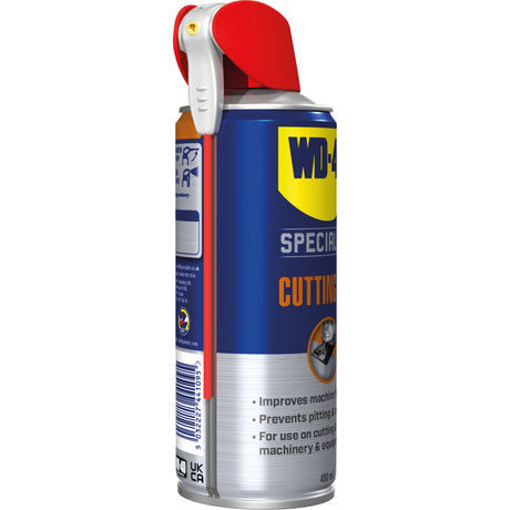 A 400ml can of Sparex Aerosol WD-40 Multi Purpose Cutting Oil - S.115223, featuring a red and yellow nozzle. This blue and gray aerosol can includes lubricant product information and usage instructions printed on it.