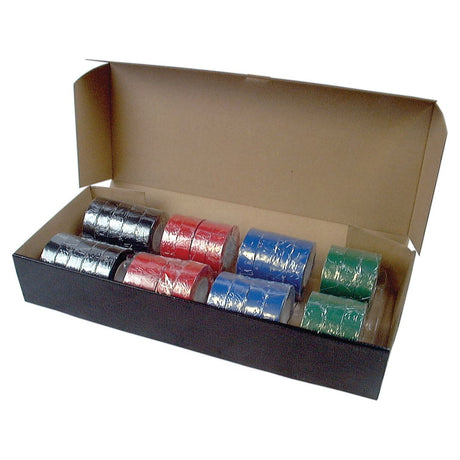 A cardboard box with an open lid containing multiple rolls of Sparex Insulation Tape in various colors, featuring black, red, blue, and green—all rolls being 19mm wide and 20 meters long (Sparex Part No. S.11598).