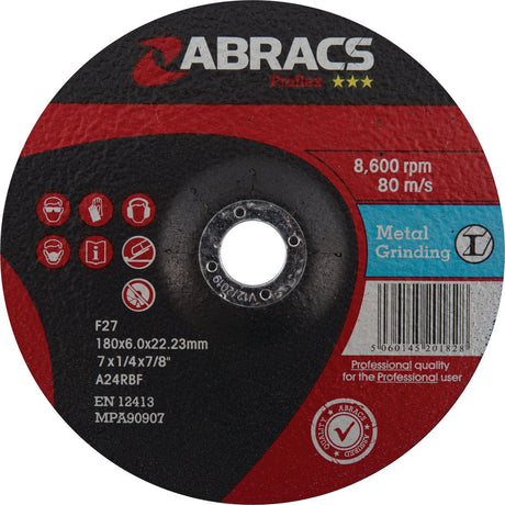 The black and red Sparex Abracs Proflex high performance disc, labeled for metal grinding, features specifications of 178x6.0x22.23mm, a maximum speed of 8,600 rpm, and 80 m/s. Various certifications and usage icons are visible on this abrasive grinding disc designed for reduced vibration.