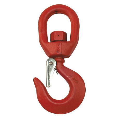 A 19mm Ø eye certified Sparex Swivel Hook & Pawl (Part No. S.11793) with a red finish and a silver latch, designed for a safe working load.