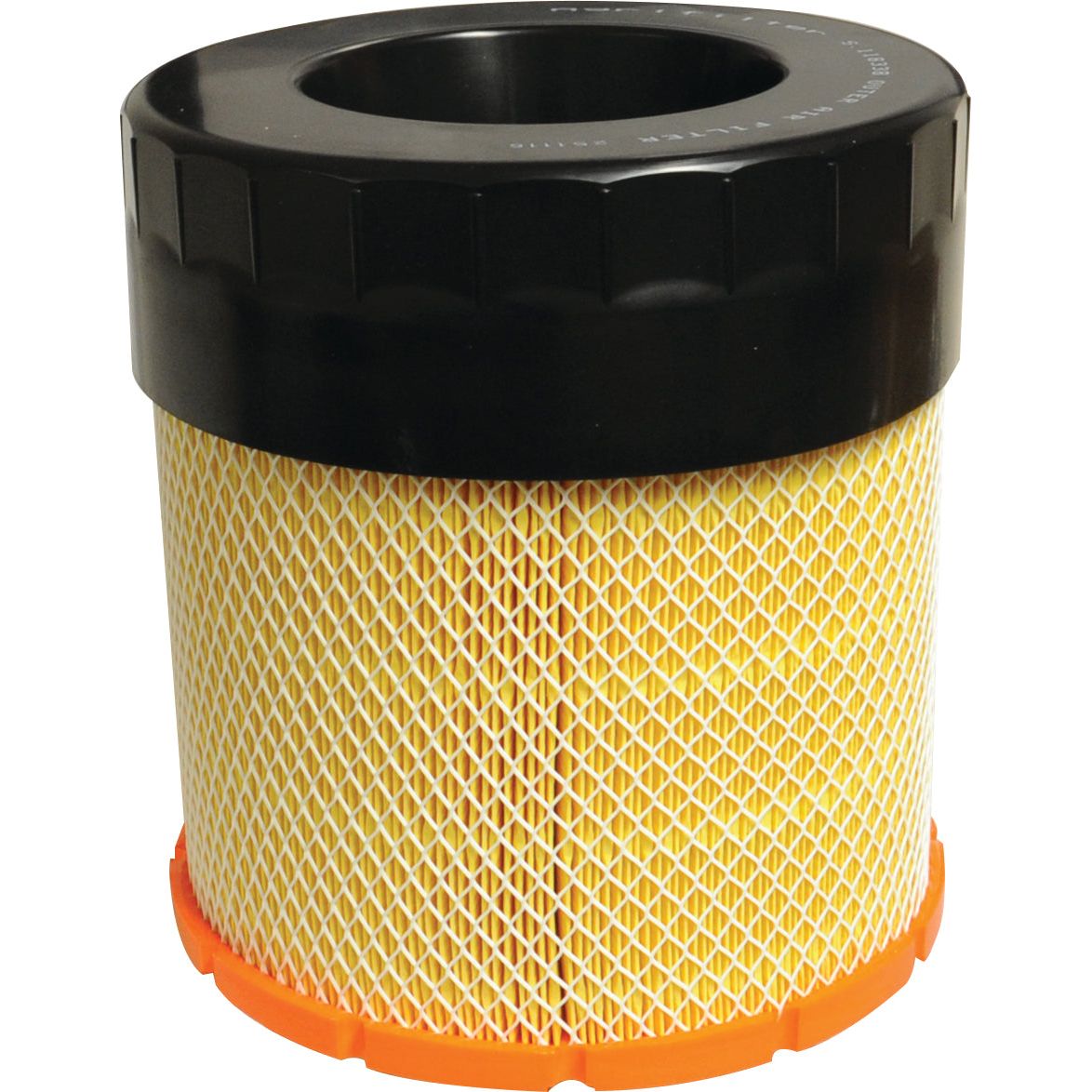 Product Description: The Sparex Air Filter - Outer (Sparex Part No.S.118338) features a cylindrical shape, a black top, yellow pleated filter material, and an orange base. It is specifically designed for New Holland and Case IH machinery.