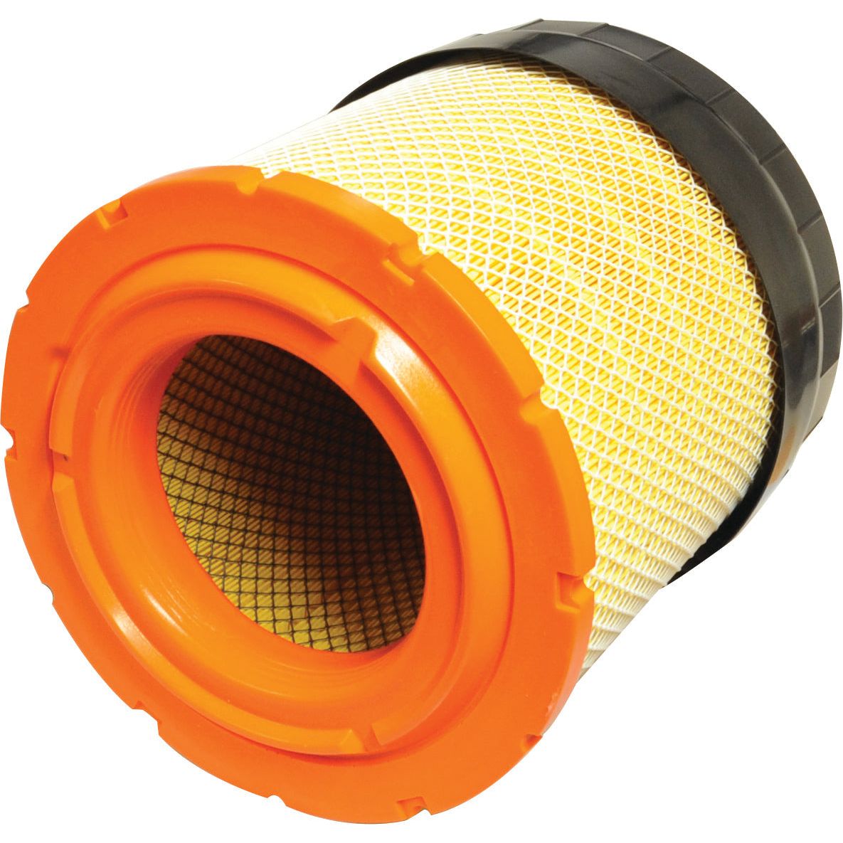 The Air Filter - Outer (Sparex Part No.S.118338) by Sparex is an orange and yellow cylindrical air filter with a black rim, perfect for Case IH or New Holland equipment, designed for efficient filtration purposes.