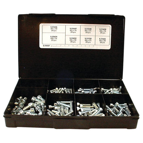 A black plastic case with twelve compartments, each stocked with various types of metal screws, including Sparex Metric Cap Head Socket Screws ranging from M5 to M8. An information label is affixed to the inside of the lid.