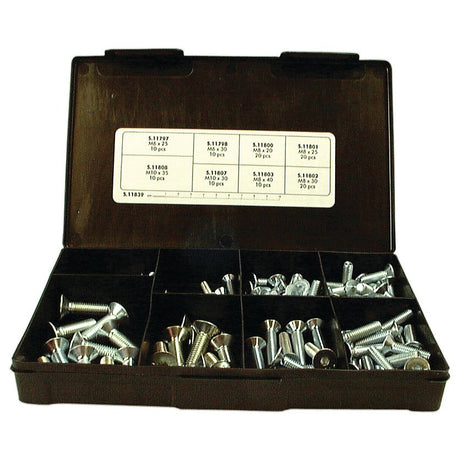 A black plastic Handipak organizer box from Sparex containing various types and sizes of screws, including Metric Countersunk Hexagon Socket Screws (M6 - 10x25 - 35mm) that adhere to DIN 7991 standards, all neatly separated into individual compartments. The lid is labeled with the screw sizes and quantities for easy reference.