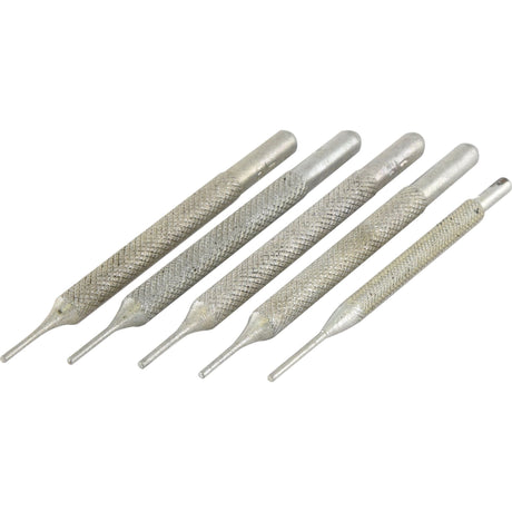 Set of five metal center punches with knurled grips, displayed in ascending order of size, featuring the precise Sparex ROLL PIN PUNCH-1/16'' (Sparex Part No. S.1185).