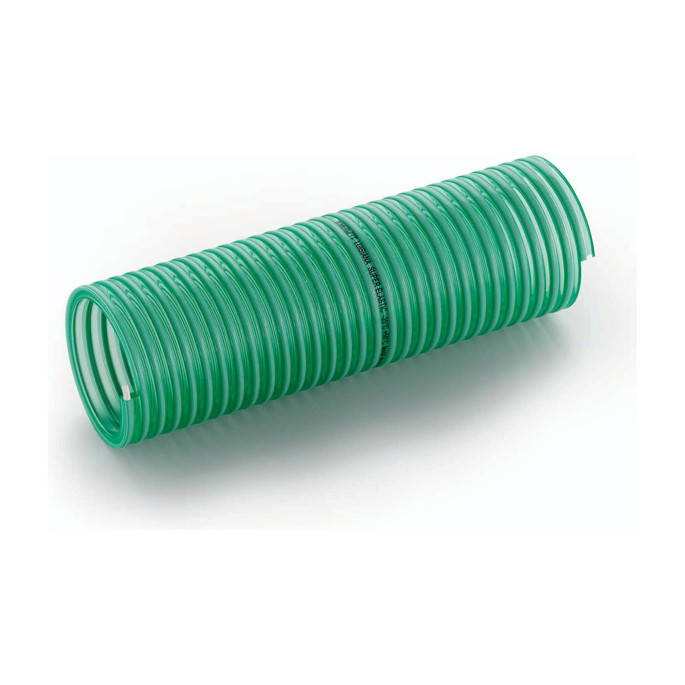 A green Sparex Irrigation Hose (Luisiana SuperElastic) with a 32mm (1 1/4'') inner diameter, coiled into a cylindrical shape, placed horizontally on a white background.