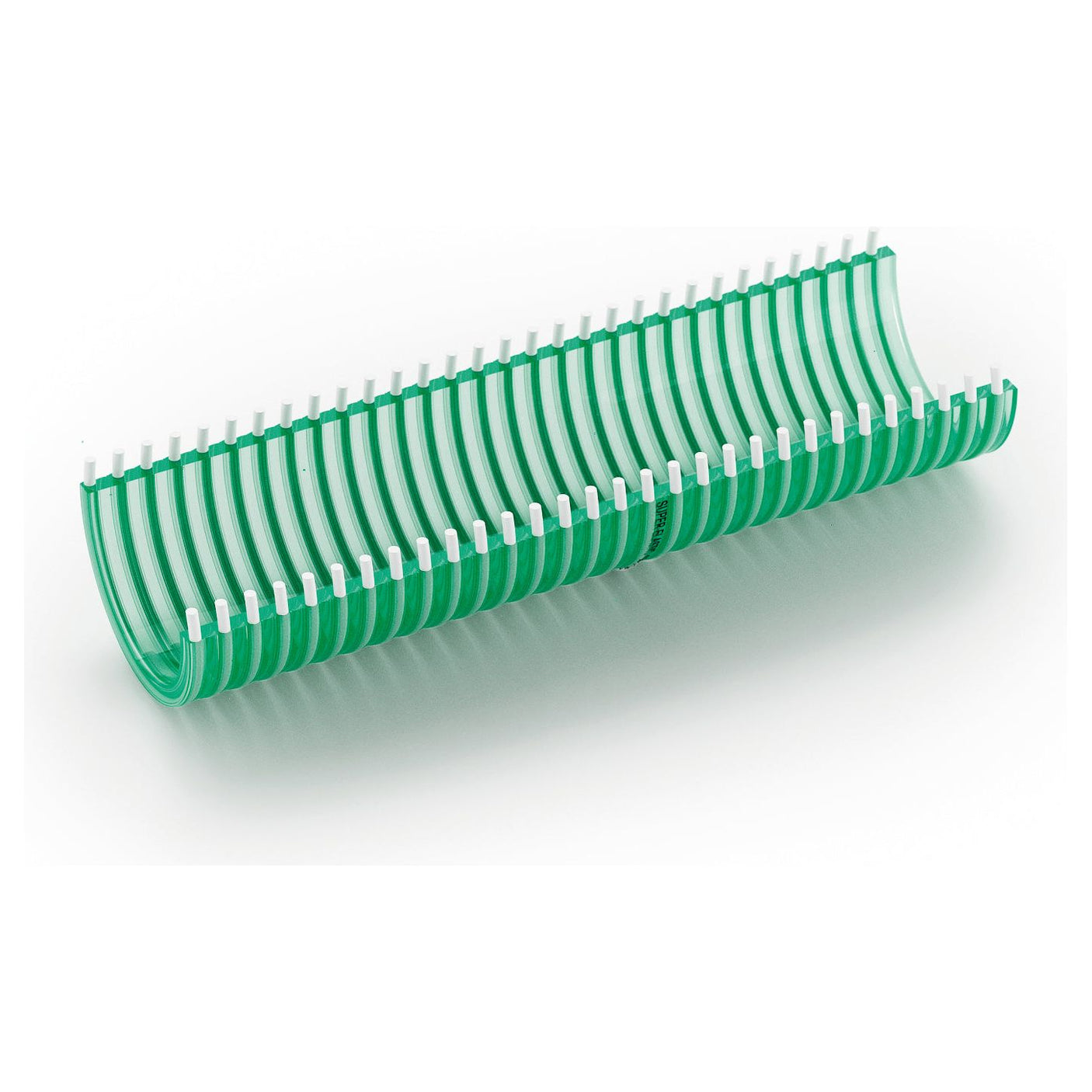 A green plastic curved spine with white tips, resembling the Luisiana SuperElastic Irrigation Hose by Sparex (Hose ID: 32mm or 1 1/4"), typically used for binding documents or sheets of paper together.