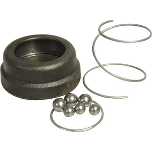 A set of mechanical components including a cylindrical metal part, a spring, and several metal balls on a ring with an Autolok mechanism from the Sparex Autolok QR Repair Kit 1 3/8 - S.118942.