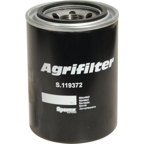 A cylindrical metal Hydraulic Filter - Spin On by Sparex, featuring the part number S.119372 printed on its black body, is compatible with Massey Ferguson equipment.