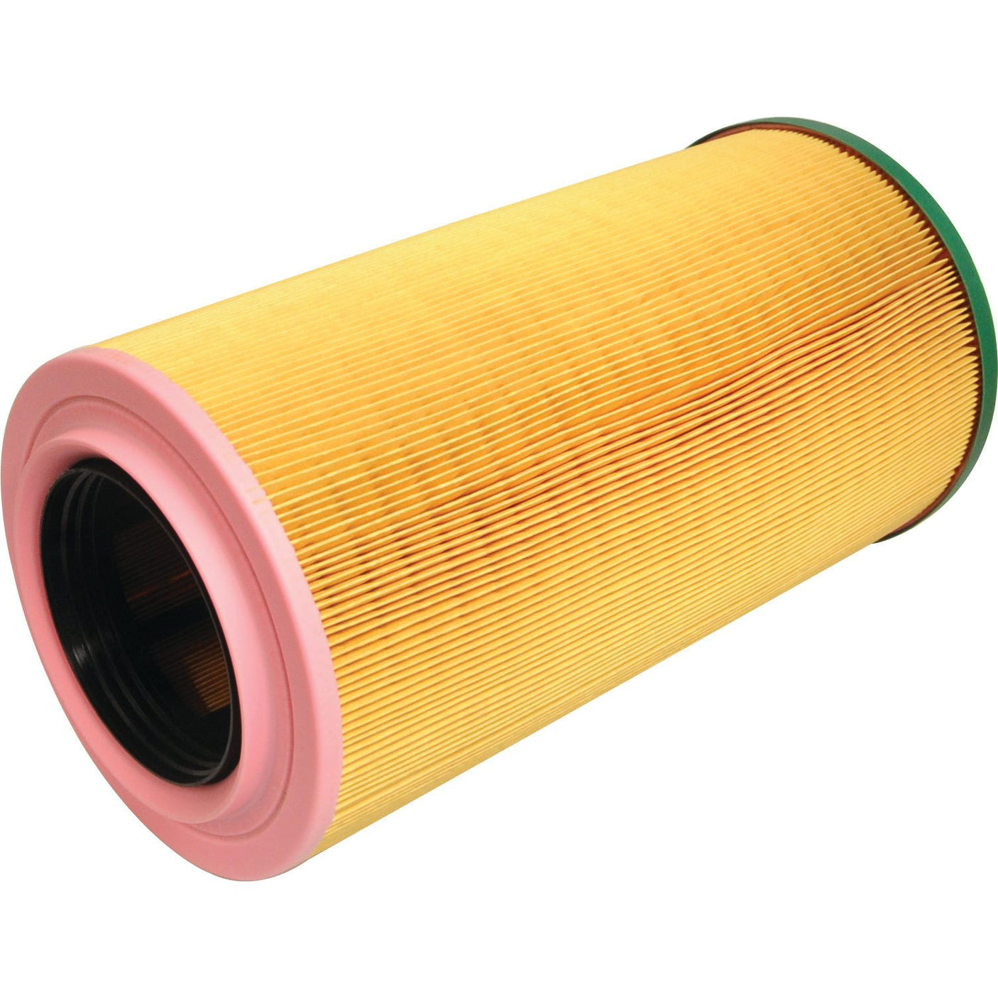 A cylindrical Sparex Air Filter - Outer - AF27955 with pleated yellow paper, a pink end cap, and a green end cap, designed to meet John Deere specifications.